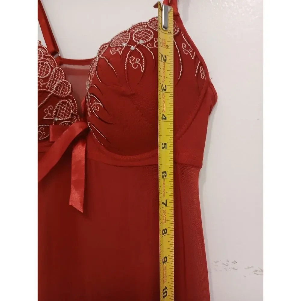 Babydoll Lingerie Sz M Red Semi Sheer Lace Padded Rhinestone Embroidered‎ Ruffle - Picture 8 of 12